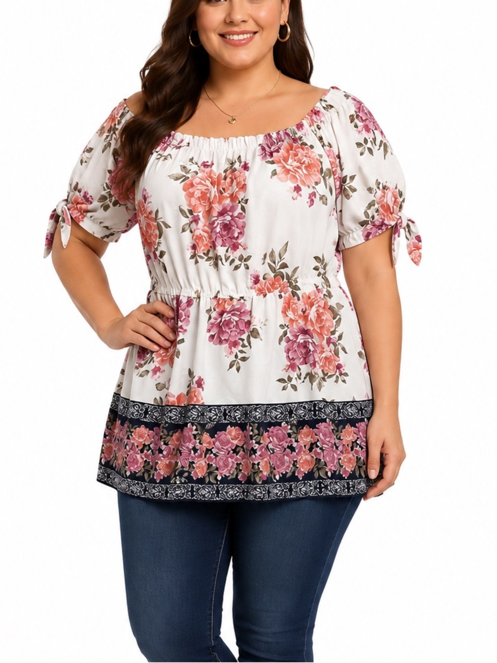 Floral Top elastic waist off the shoulder Tunic white pink orange size XL
